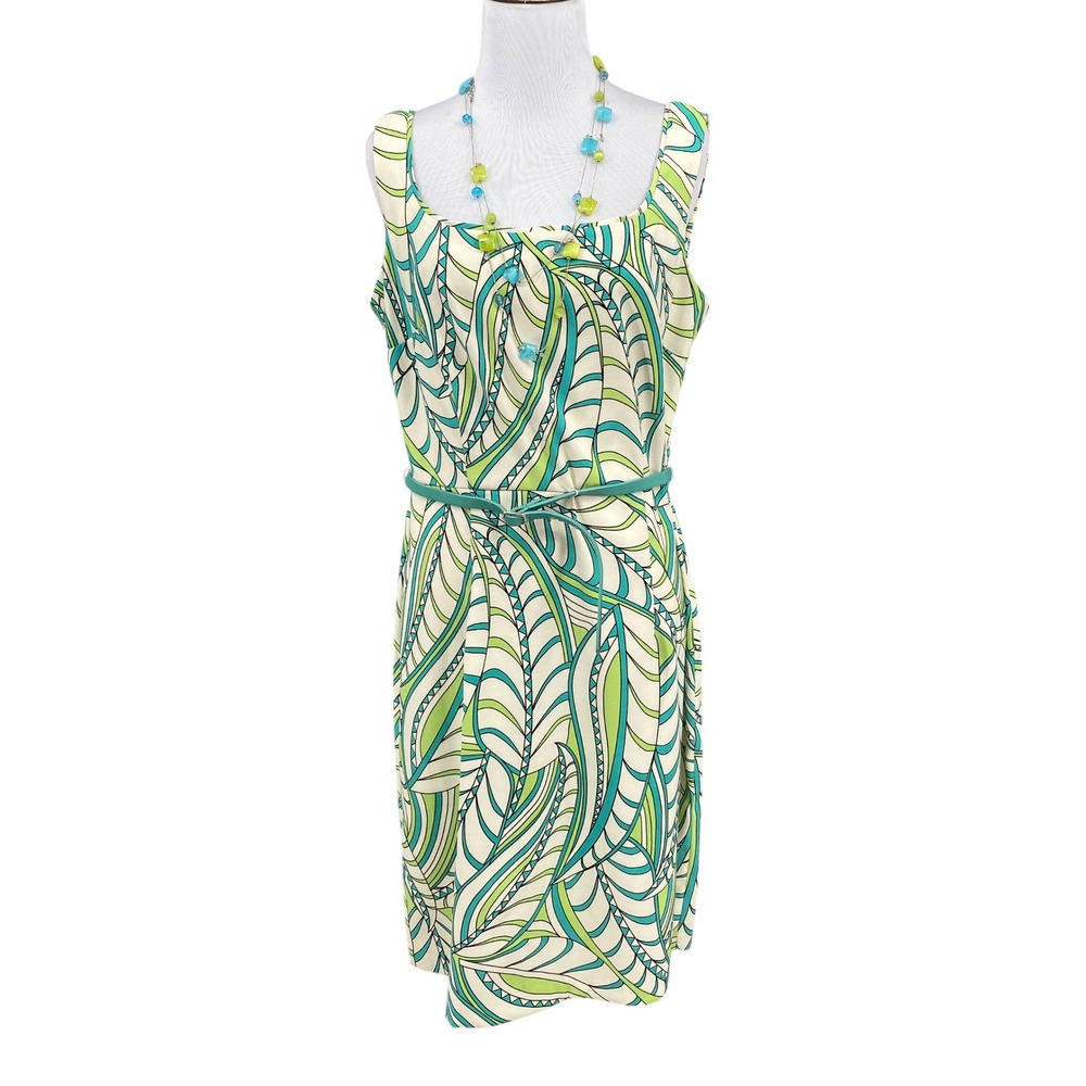 Y2K Dressbarn Geometric Swirl Sheath‎ Dress Womens 12 Green Belted Psychedelic